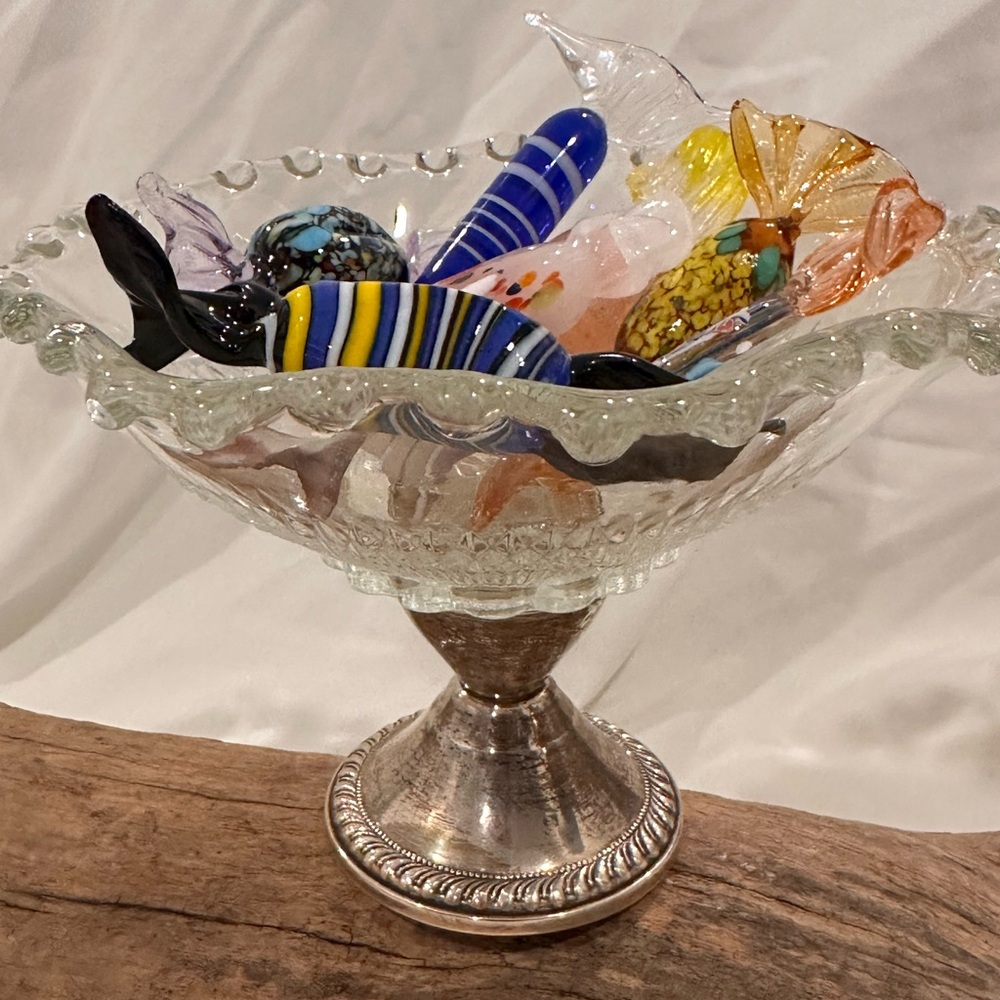 Elegant Sterling Silver Base and Glass Compote or candy dish and glass candies